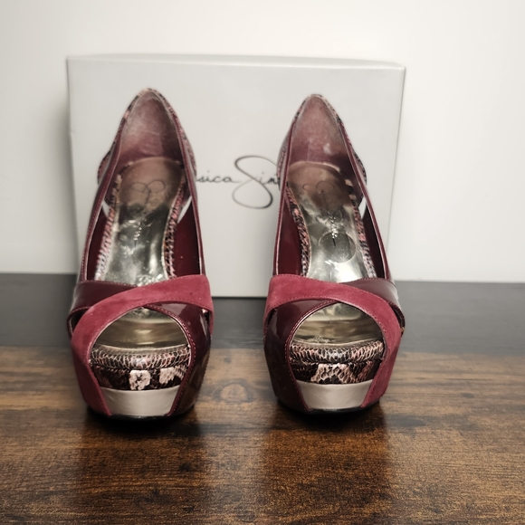 Jessica Simpson Burgundy and Snake Print Heels - Picture 5 of 5
